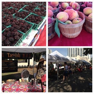 Collage of local farmers market scene and fresh fruits