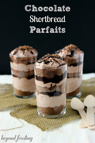 Chocolate Shortbread Parfaits with layered chocolate mousse and chocolate ganache in glasses