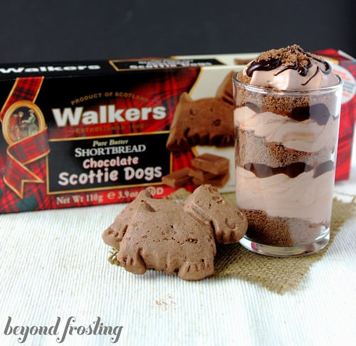 Chocolate Shortbread Parfait in front of a package of Walkers Chocolate Scottie Dogs cookies