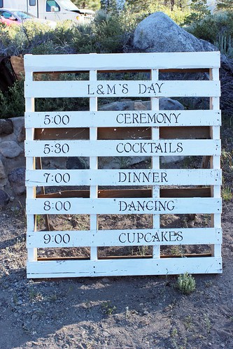 Decorative pallet with wedding schedule written on it
