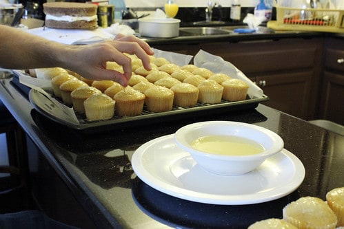 Undecorated vanilla cupcakes on a sheet pan