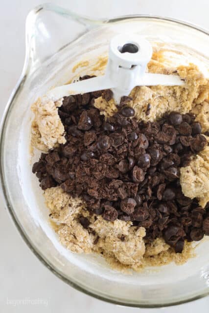 Chopped chocolate covered espresso beans added to cookie dough