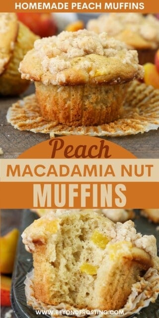 Pinterest title image for Peach Macadamia Nut Muffins.