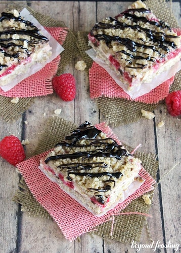 Overhead view of Raspberry cheesecake bars with streusel topping