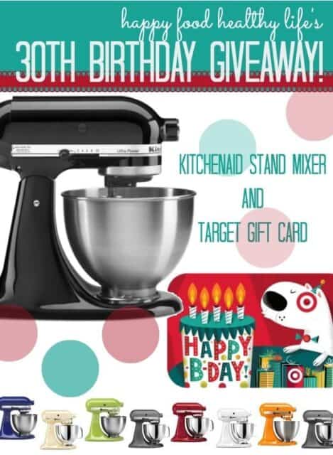 A flyer for this 30th birthday giveaway showing the prizes: a KitchenAid Mixer and a Target Gift Card.