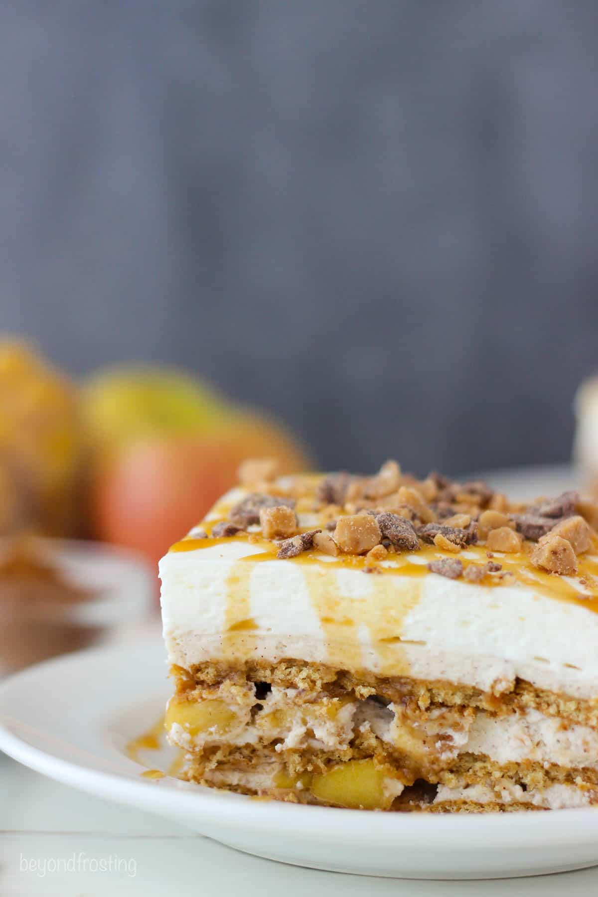 slice of apple pie lasagna on white plate