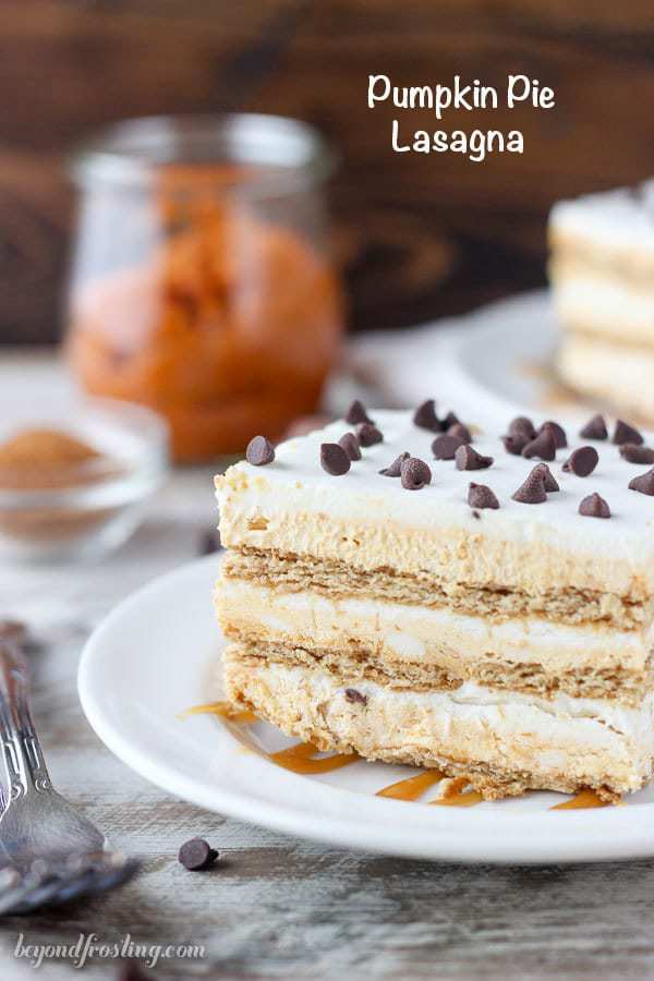 If you’re looking for a quick holiday treat, try this no-bake Pumpkin Pie Lasagna. Layers of pumpkin mousse, whipped cream and graham crackers make this icebox cake the perfect fall dessert. 