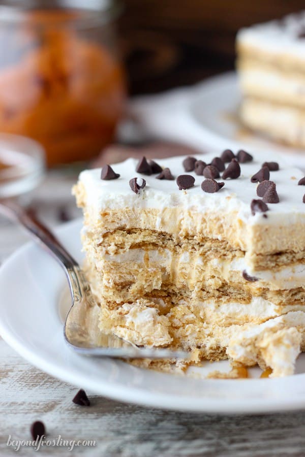 This no-bake Pumpkin Pie Lasagna is a quick and easy fall dessert to share. Layers of pumpkin mousse, whipped cream and graham crackers make this icebox cake the perfect fall dessert.