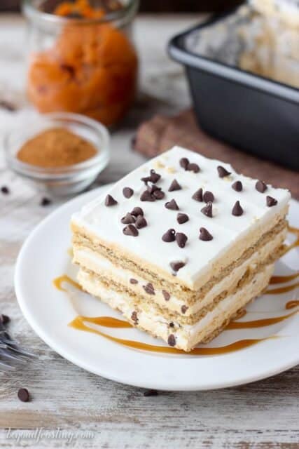 This no-bake Pumpkin Pie Lasagna is a quick and easy fall dessert to share. Layers of pumpkin mousse, whipped cream and graham crackers make this icebox cake the perfect fall dessert.