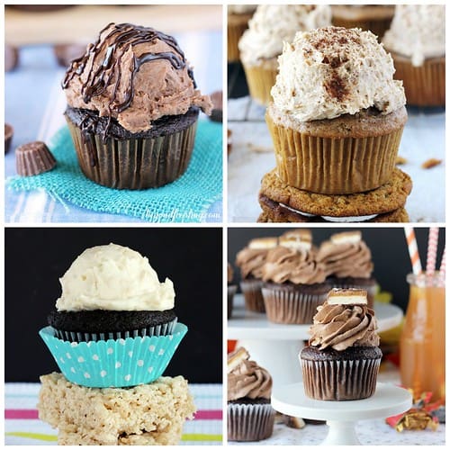 Collage of four different types of cupcakes with frosting