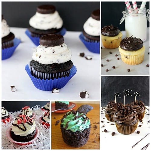 Collage of five varieties of cupcakes with frosting