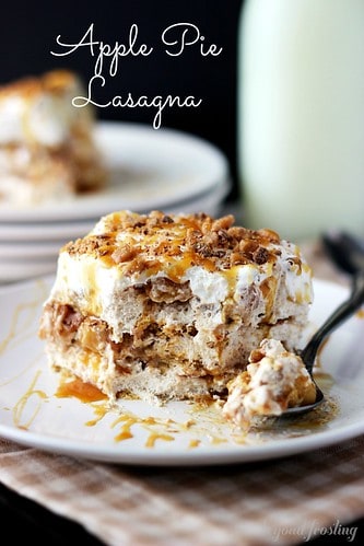 Apple Pie Lasagna serving on a plate with a bite on a fork