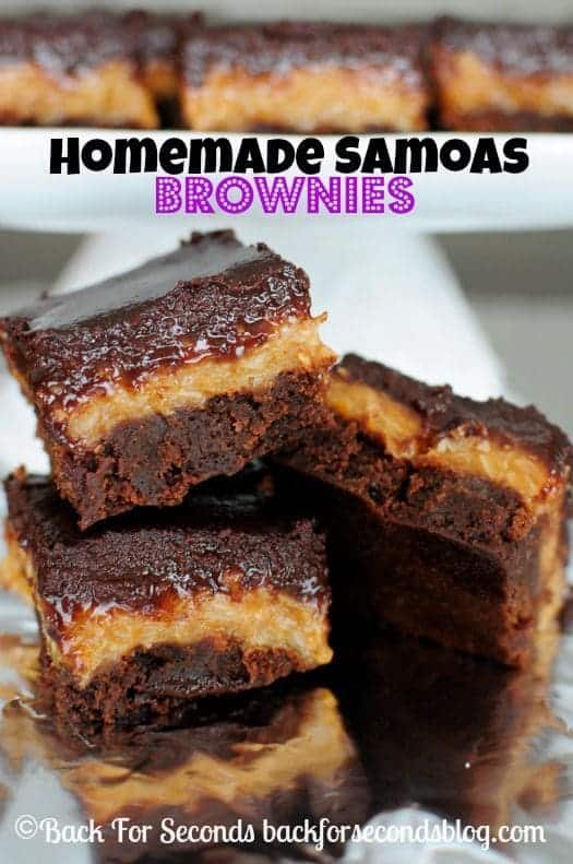 Three Gooey Samoa Brownies on a Piece of Aluminum Foil