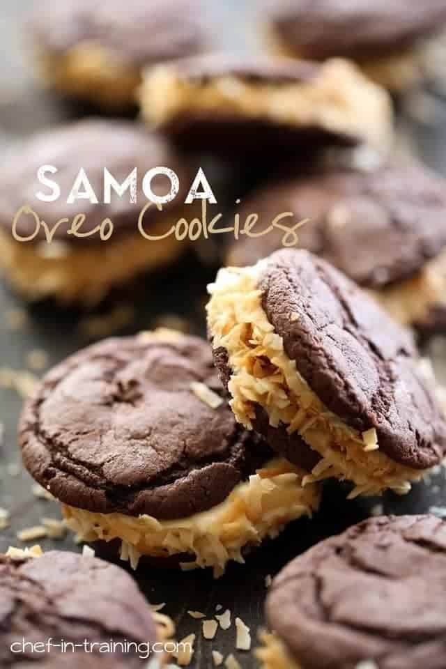 Samoa Oreos on a Baking Tray with Toasted Coconut Flakes