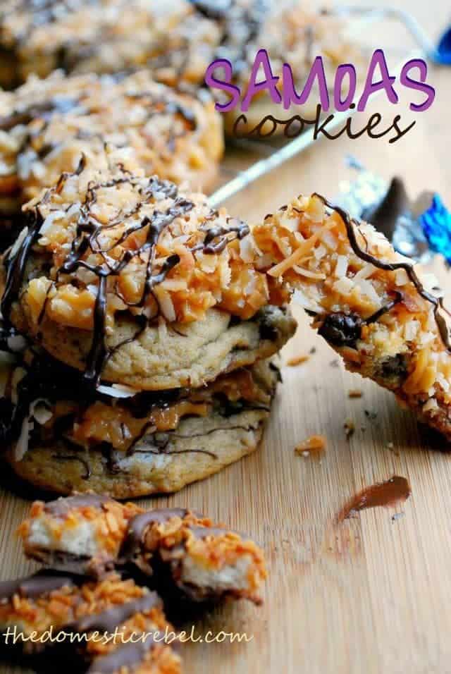 Gooey Homemade Samoa Cookies Next to Two of the Original Girl Scout Cookies