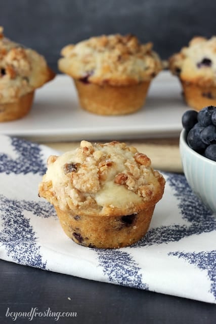 A Coconut Blueberry Muffin on a blue and white napkin