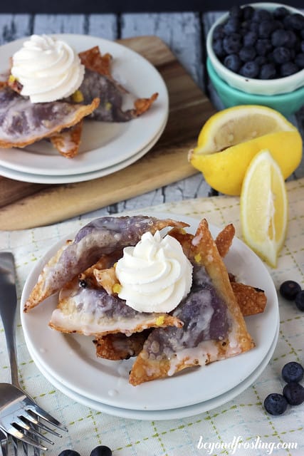 Overhead view of Blueberry Cheesecake Wontons on a plate