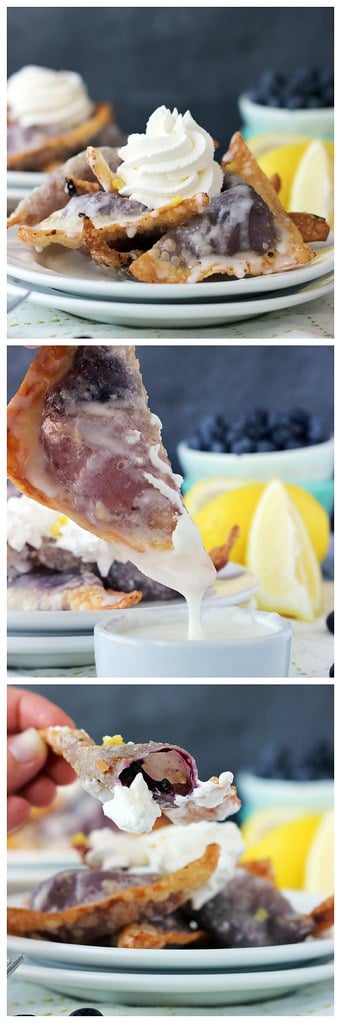 Collage of Blueberry Cheesecake Wontons on a plate