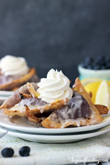 Side view of Blueberry Cheesecake Wontons on a plate