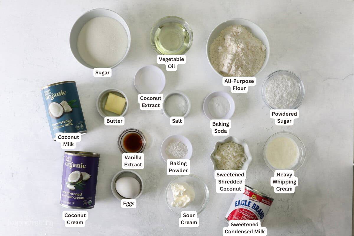 This coconut poke cake has soft, tender white cake drenched in creamy coconut filling, topped with cream cheese frosting and toasted coconut. Ingredients for Coconut Poke Cake.