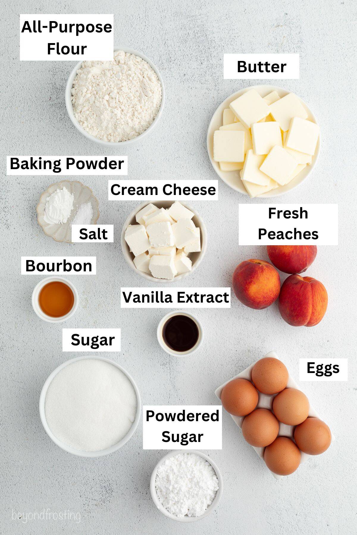 Bourbon peach pound cake ingredients with text labels overlaying each ingredient.