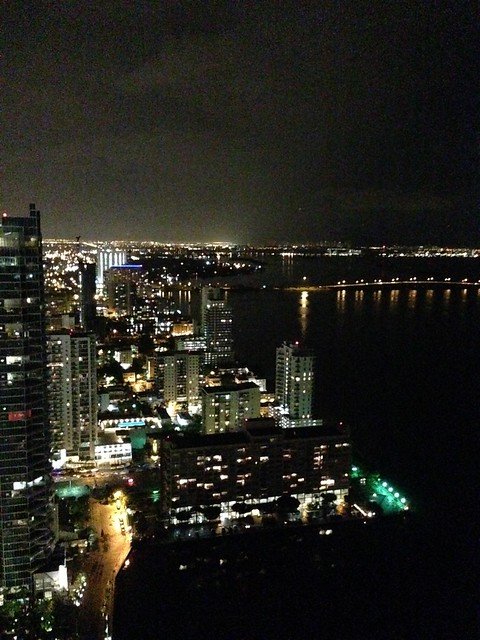 Nighttime Miami skyline with lights
