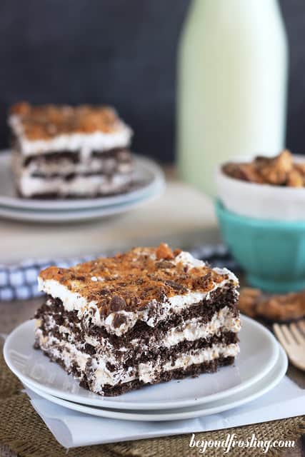 A serving of Butterfinger Icebox Cake on a plate