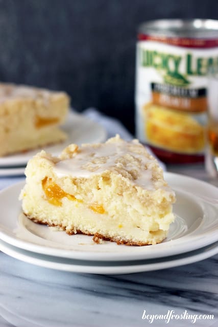 Close-up of a slice of Bourbon Peach Pound Cake on a plate