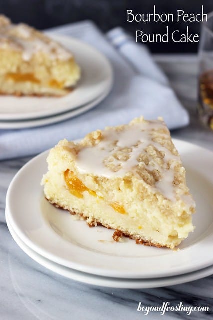 A slice of Bourbon Peach Pound cake on a plate