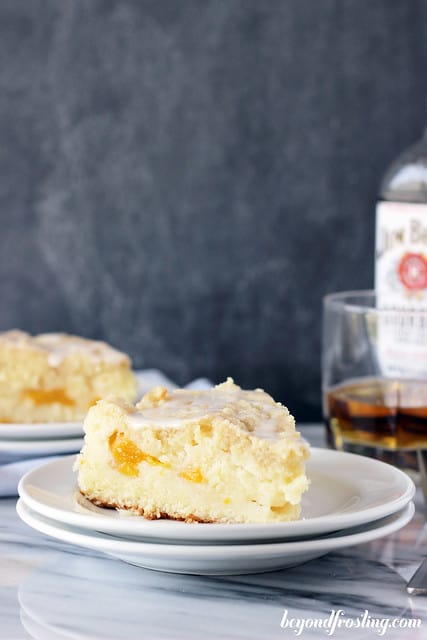 A slice of Bourbon Peach Pound Cake on a plate