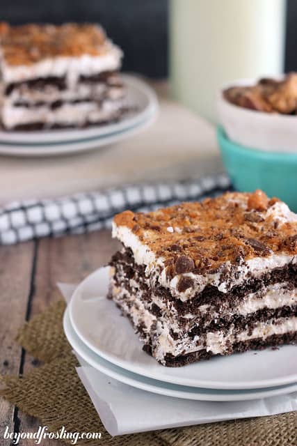 A square of Butterfinger Icebox Cake on a plate