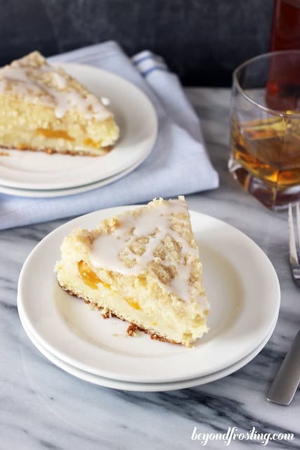 Overhead view of two slices of Bourbon Peach Pound Cake on a plate