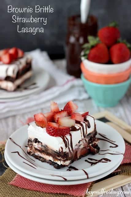 Brownie Brittle Strawberry Lasagna | beyondfrosting.com | #browniebrittle #iceboxcake