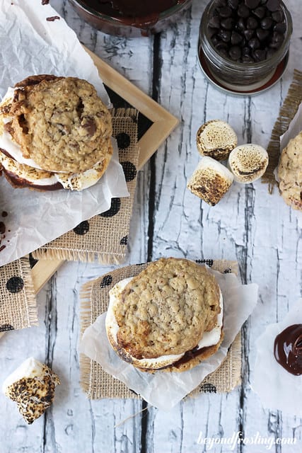 Overhead view of two Bourbon Bacon Smores Cookie sandwiches