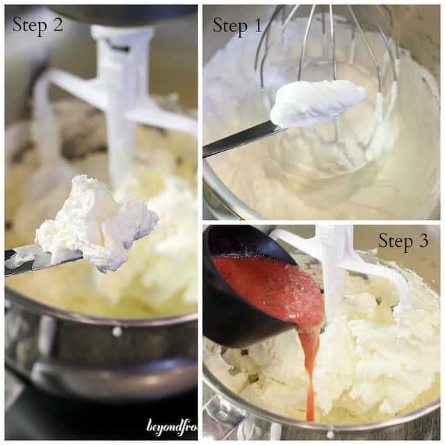 Collage of 3 steps to make strawberry buttercream frosting