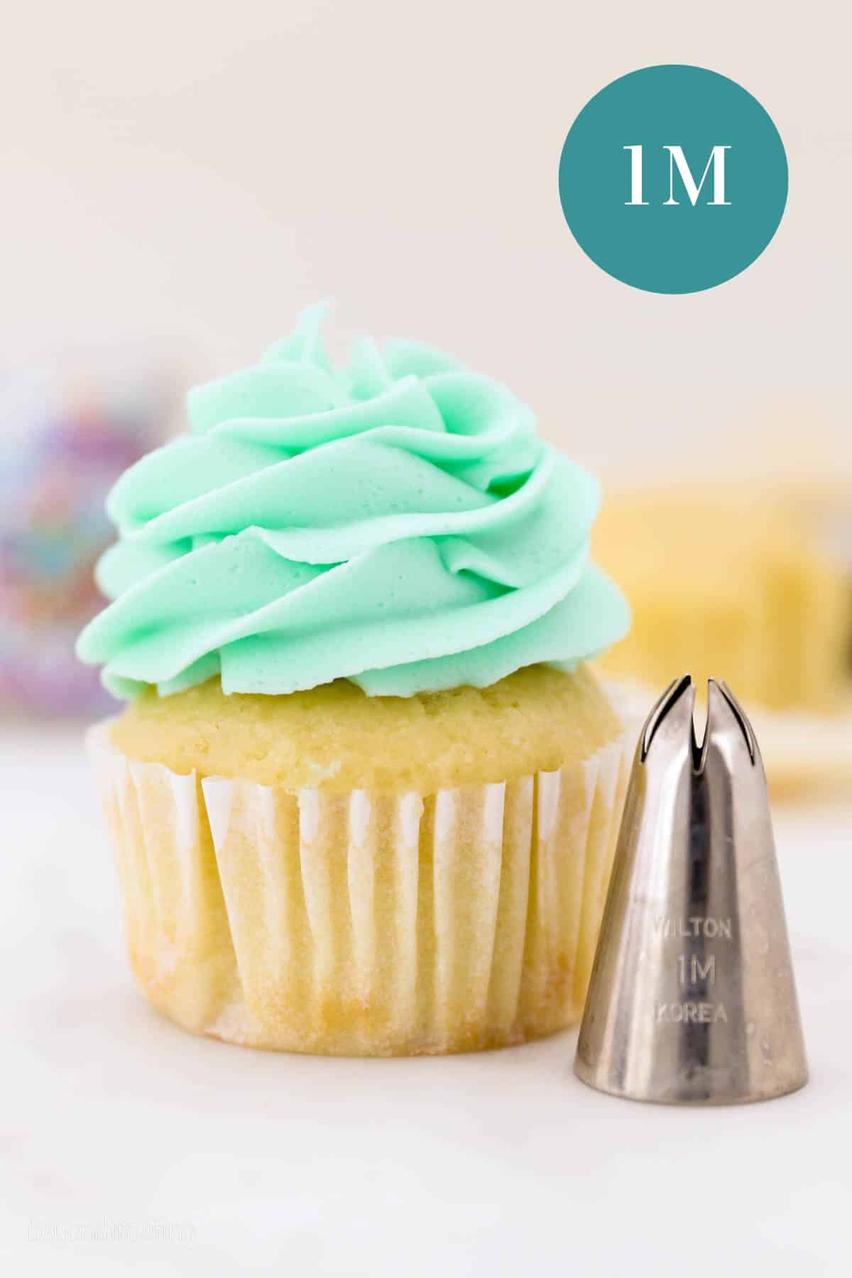 A 1M piping tip next to a frosted cupcake piped with a 1M swirl.