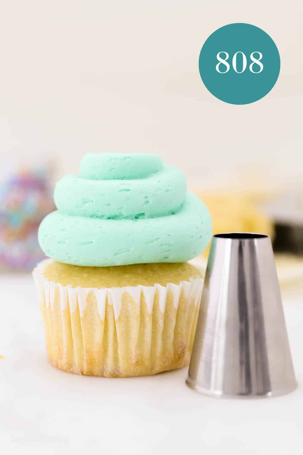 A #808 piping tip next to a frosted cupcake piped with a #808 swirl.