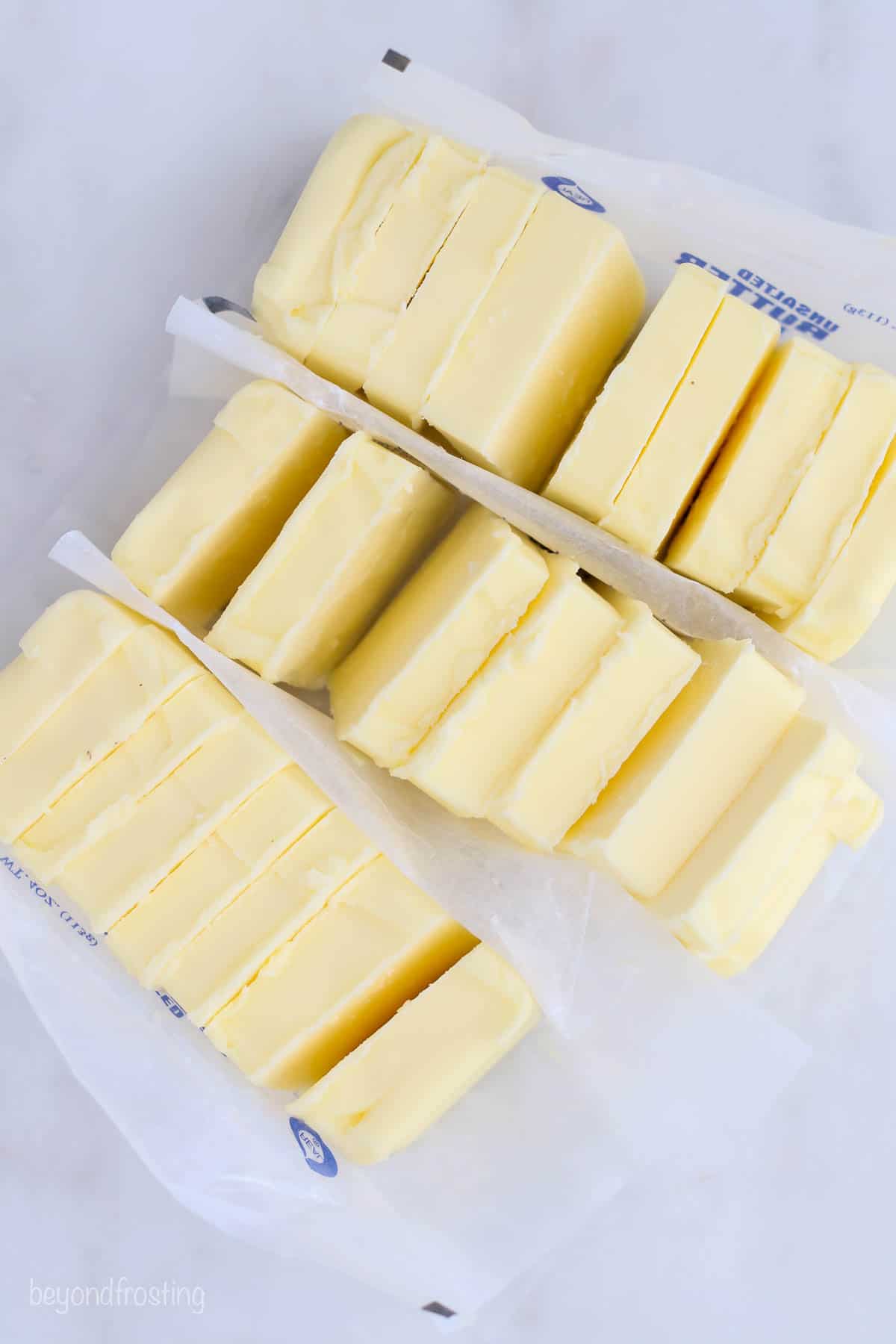 Three sticks of cold butter cut into cubes.