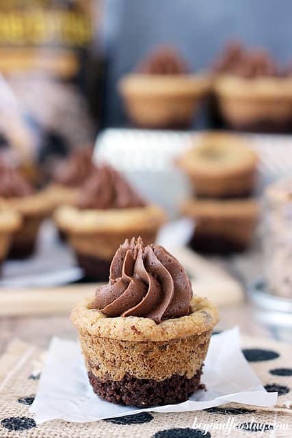 Close-up of a Brownie Brittle Toffee Crunch Cookie Cup on a napkin