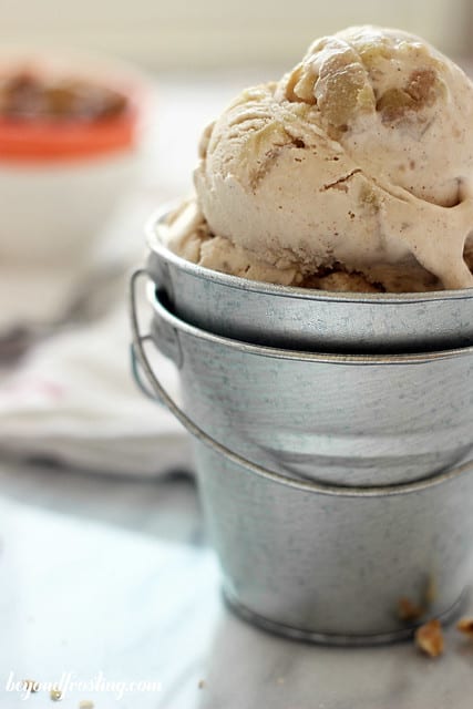 Side view of Bourbon Apple Pie ice cream in a metal bucket