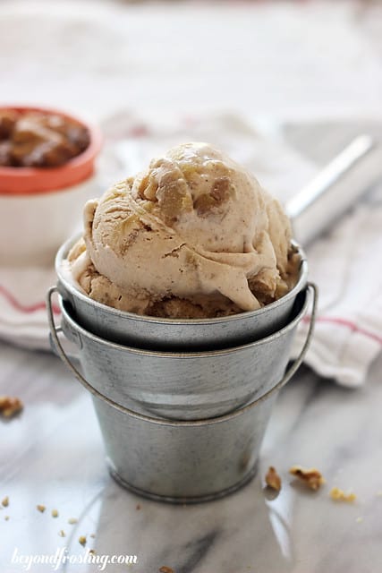 Side view of a mini metal bucket of Bourbon Apple Pie ice cream