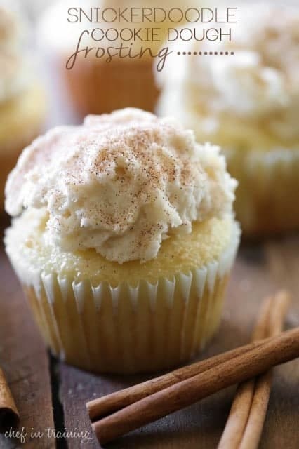 Close-up of a cupcake with Snickerdoodle Cookie Dough frosting