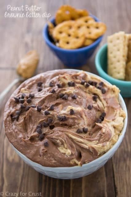 a bowl of peanut butter brownie batter dip
