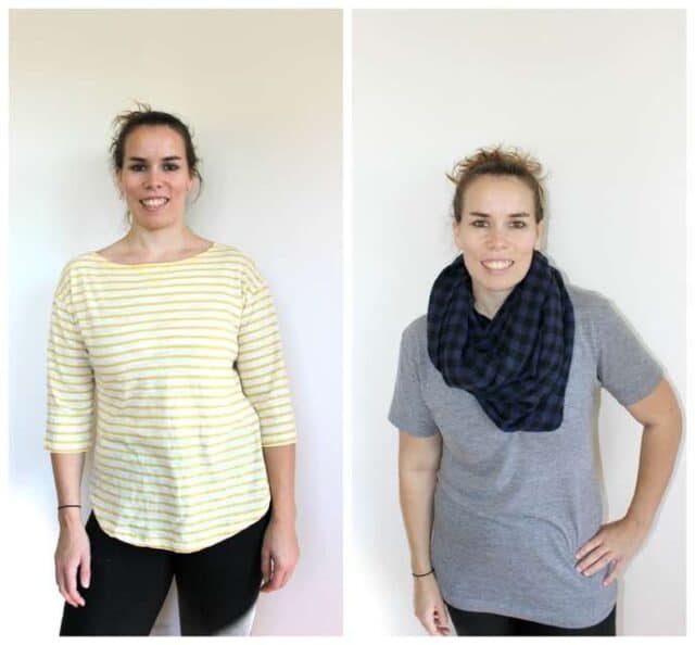 Author modeling two tops from Stitch Fix