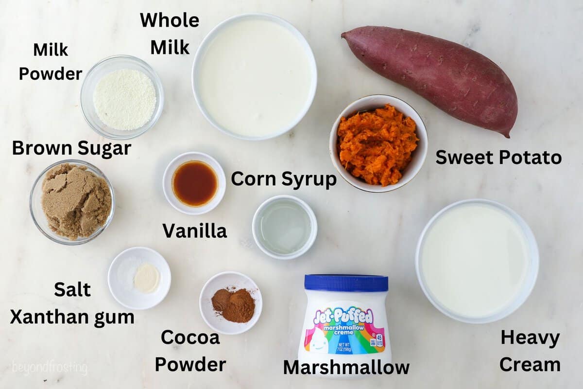 Sweet potato ice cream ingredients with text labels overlaying each ingredient.