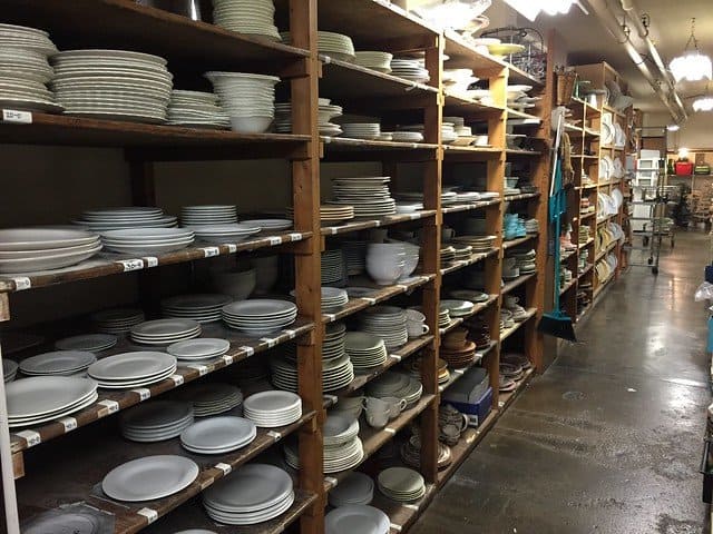 Shelves of dishes for food staging