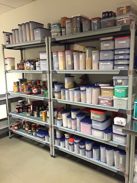 Shelves with containers of food and ingredients