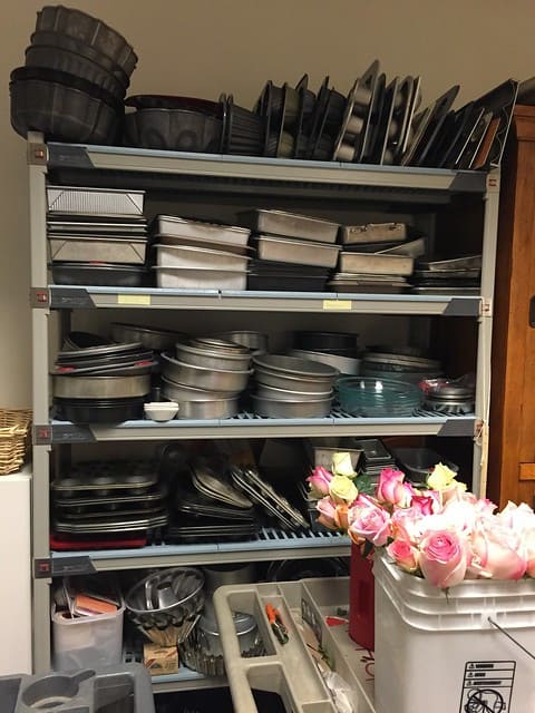 Shelves of cake pans