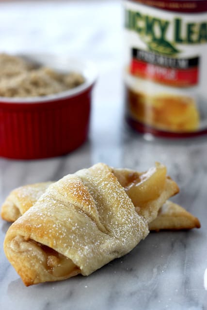 Close-up of two Apple Cheesecake Croissants on a counter