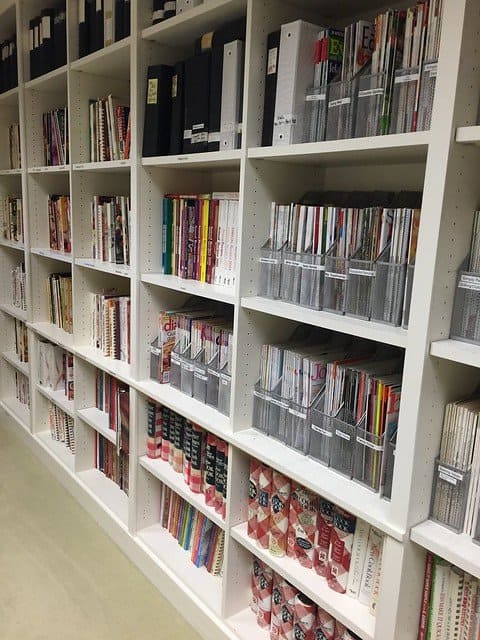 Bookshelves of BHG cookbooks and magazines